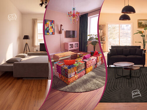 Collage pr&eacute;sentant trois styles de canap&eacute;s : un salon moderne avec des canap&eacute;s fonc&eacute;s, un canap&eacute; modulable patchwork color&eacute; autour d&rsquo;une table basse et un canap&eacute;-lit gris enti&egrave;rement d&eacute;pli&eacute;. Cliquez pour voir la collection de canap&eacute;s.