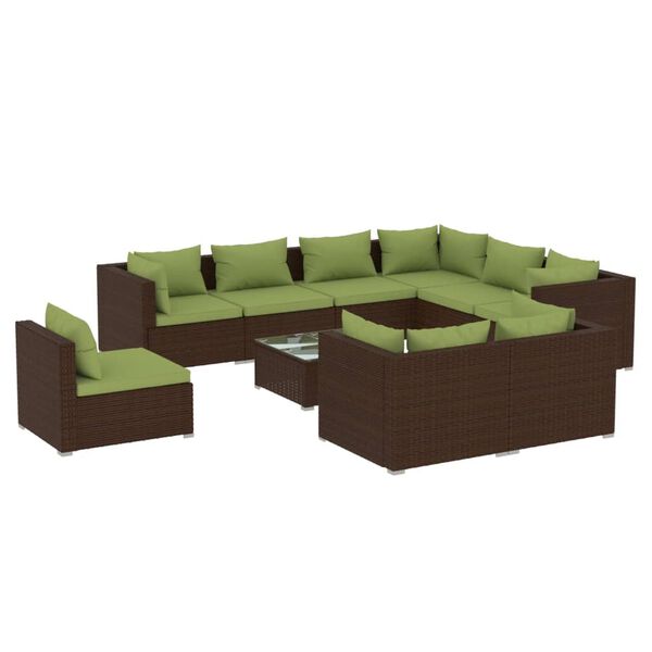 vidaXL Salon de jardin 10 pcs avec coussins Résine tressée Marron