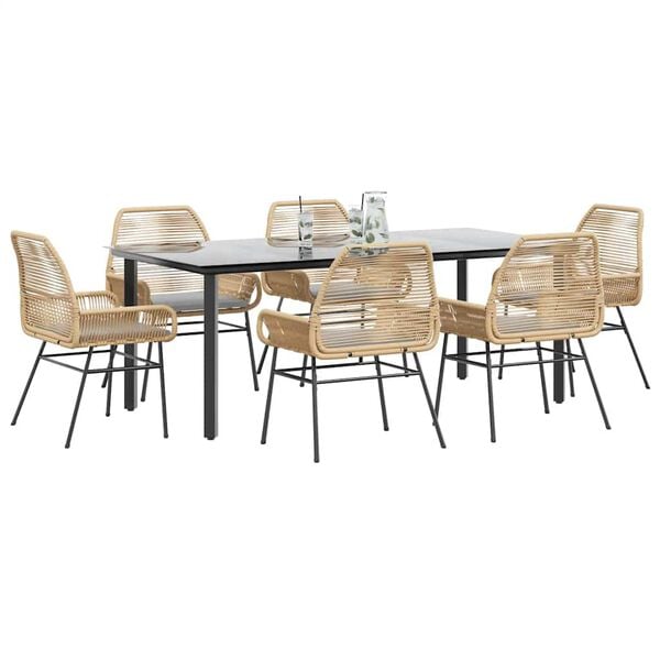 vidaXL Ensemble &agrave; manger jardin coussins 7pcs marron poly rotin verre
