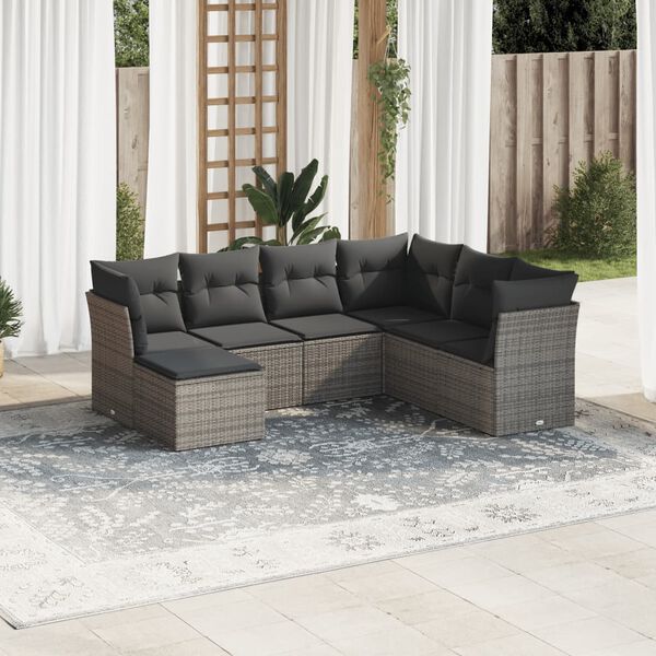 vidaXL Salon de jardin avec coussins 7 pcs gris r&eacute;sine tress&eacute;e
