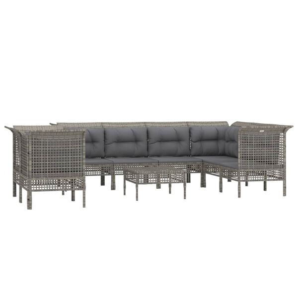 vidaXL Salon de jardin 9 pcs avec coussins Gris R&eacute;sine tress&eacute;e