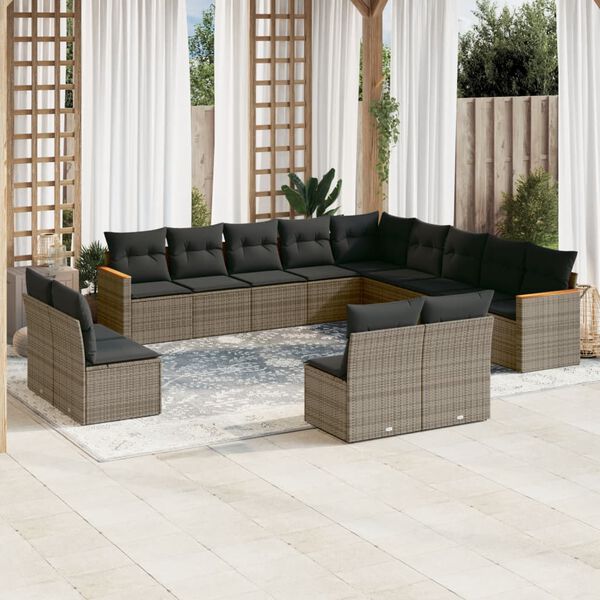 vidaXL Salon de jardin avec coussins 13 pcs gris r&eacute;sine tress&eacute;e