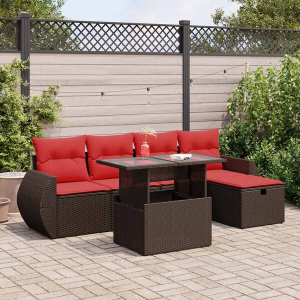 vidaXL Salon de jardin 6 pcs avec coussins marron r&eacute;sine tress&eacute;e acacia