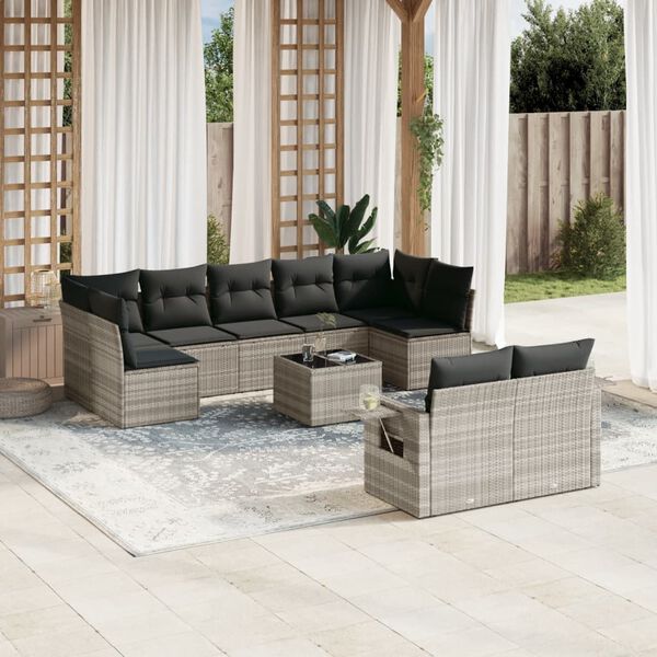 vidaXL Salon de jardin avec coussins 10 pcs gris clair r&eacute;sine tress&eacute;e