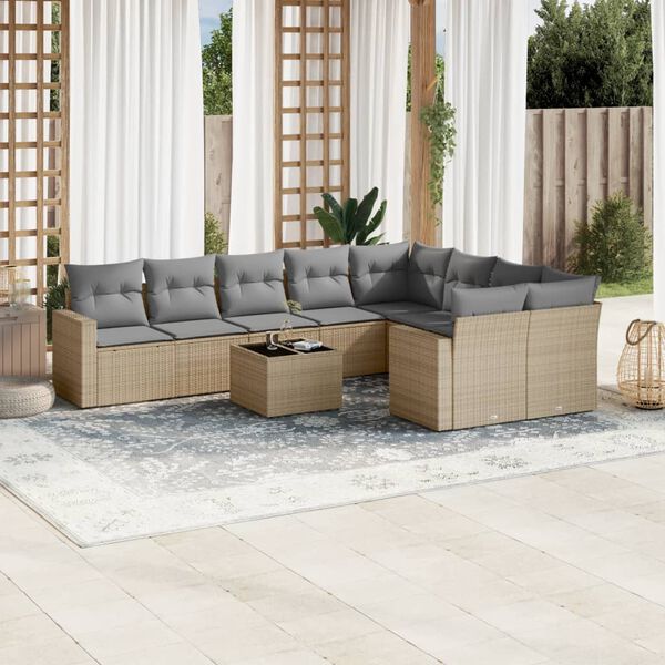 vidaXL Salon de jardin avec coussins 10 pcs beige r&eacute;sine tress&eacute;e