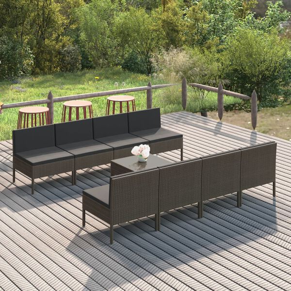 vidaXL Salon de jardin 9 pcs avec coussins R&eacute;sine tress&eacute;e Gris