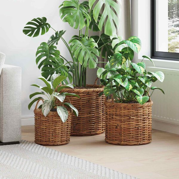 vidaXL Panier &agrave; plantes avec stockage 3 pcs Marron Rattan Kubu