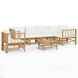 vidaXL Salon de jardin 7 pcs avec coussins blanc cr&egrave;me bambou