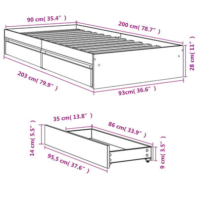 vidaXL Cadre de lit et tiroirs chêne sonoma 90x200cm bois d'ingénierie