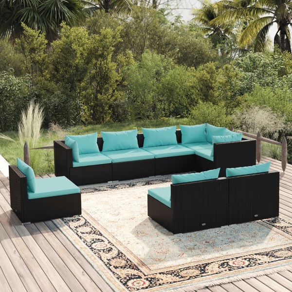 vidaXL Salon de jardin 8 pcs avec coussins r&eacute;sine tress&eacute;e noir