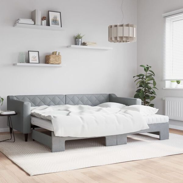 vidaXL Lit de jour avec gigogne et matelas gris clair 90x200 cm tissu