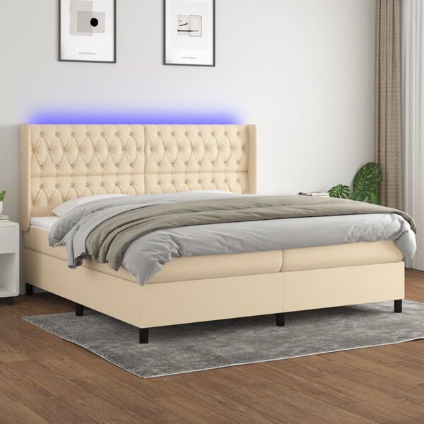 vidaXL Sommier &agrave; lattes de lit matelas et LED Cr&egrave;me 200x200 cm Tissu