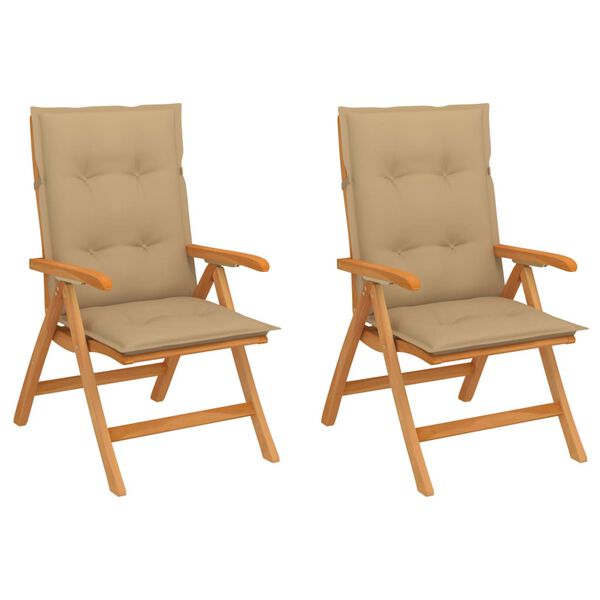vidaXL Chaises de jardin lot de 2 et coussins beige Bois teck massif