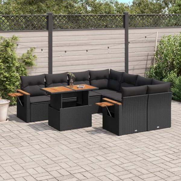 vidaXL Salon de jardin 9 pcs avec coussins noir r&eacute;sine tress&eacute;e