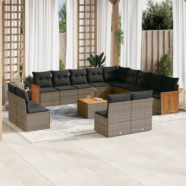 vidaXL Salon de jardin avec coussins 14 pcs gris r&eacute;sine tress&eacute;e
