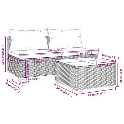 vidaXL Salon de jardin 3 pcs avec coussins Résine tressée Marron