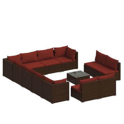 vidaXL Salon de jardin 13 pcs avec coussins Marron Résine tressée