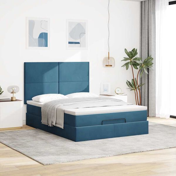 vidaXL Cadre de lit ottoman avec matelas bleu fonc&eacute; 140x190 cm velours