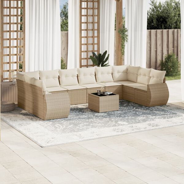 vidaXL Salon de jardin 11 pcs avec coussins beige r&eacute;sine tress&eacute;e