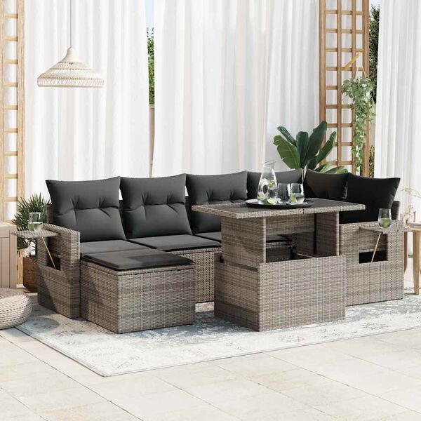 vidaXL Salon de jardin avec coussins 7 pcs gris r&eacute;sine tress&eacute;e