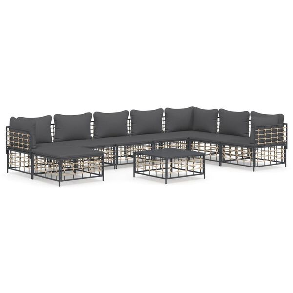 vidaXL Salon de jardin 9 pcs avec coussins anthracite résine tressée