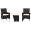 vidaXL Ensemble de bistro avec coussins 3pcs noir r&eacute;sine tress&eacute;e verre
