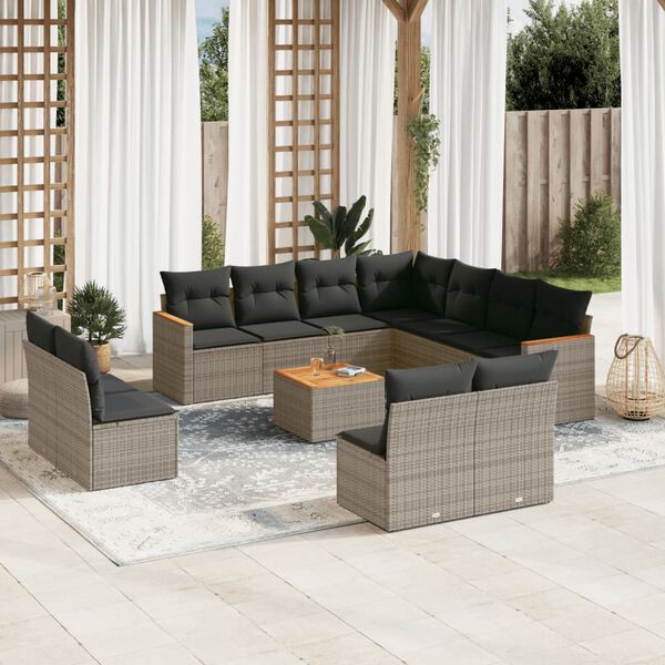 vidaXL Salon de jardin avec coussins 12 pcs gris r&eacute;sine tress&eacute;e