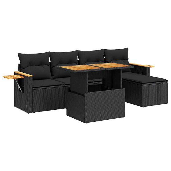 vidaXL Salon de jardin 6 pcs avec coussins noir r&eacute;sine tress&eacute;e acacia