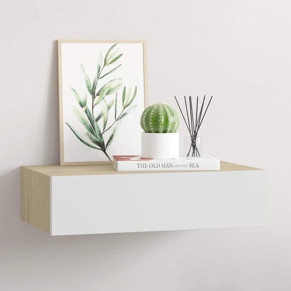 vidaXL &Eacute;tag&egrave;re murale &agrave; tiroirs en ch&ecirc;ne et blanc 40 x 23,5 x 10 cm MDF