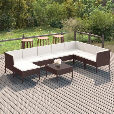 vidaXL Salon de jardin 9 pcs avec coussins Résine tressée Marron