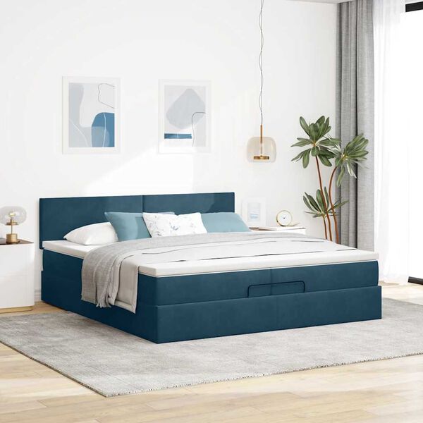 vidaXL Cadre de lit ottoman avec matelas bleu fonc&eacute; 200x200 cm velours