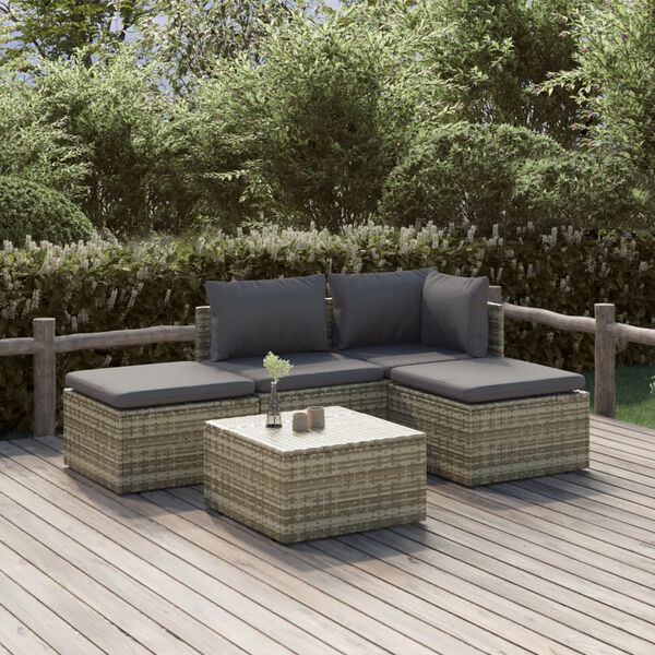 vidaXL Salon de jardin 5 pcs avec coussins Gris Résine tressée