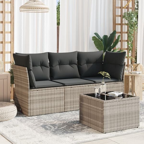 vidaXL Salon de jardin 4 pcs avec coussins gris clair r&eacute;sine tress&eacute;e