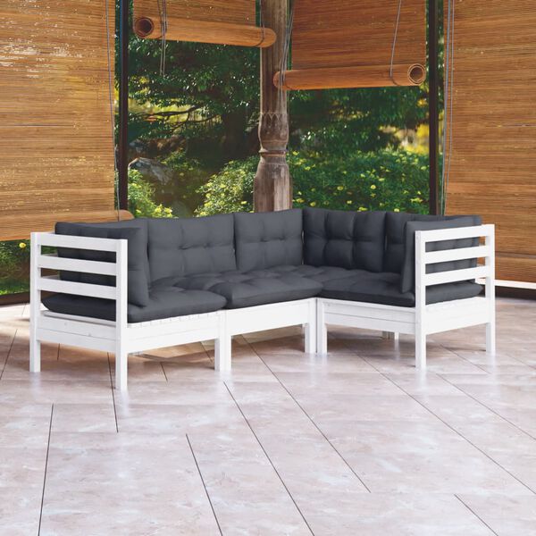 vidaXL Salon de jardin 4 pcs avec coussins blanc bois de pin