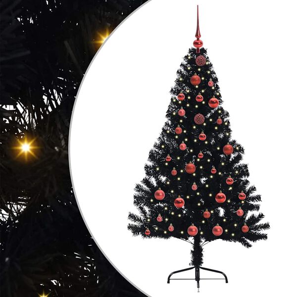 vidaXL Sapin de No&euml;l artificiel pr&eacute;-&eacute;clair&eacute; Noir 150 cm PVC