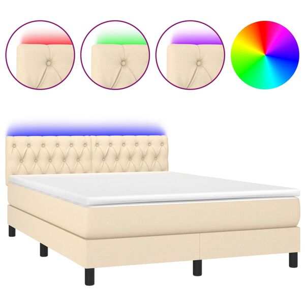 vidaXL Sommier &agrave; lattes de lit avec matelas LED Cr&egrave;me 140x190 cm Tissu
