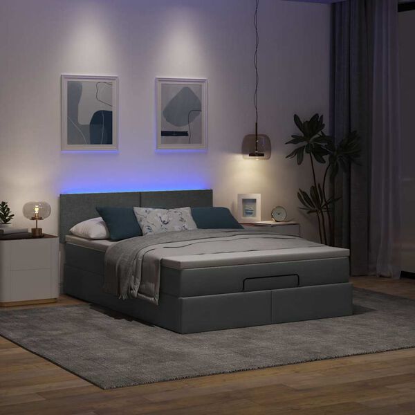 vidaXL Lit ottoman avec matelas et LED gris foncé 140x190 cm tissu