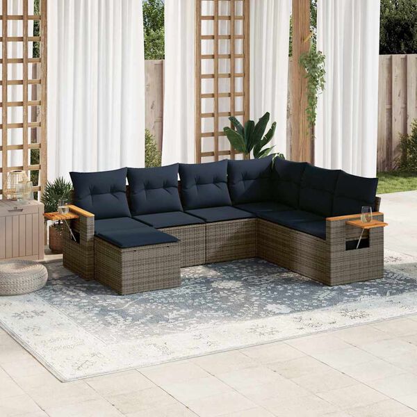 vidaXL Salon de jardin 7 pcs avec coussins gris r&eacute;sine tress&eacute;e