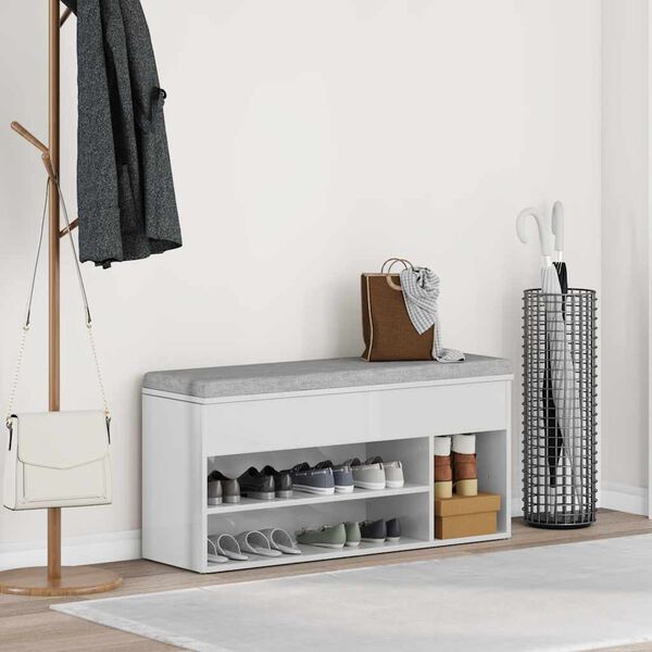 vidaXL Banc &agrave; chaussures blanc brillant 102x30,5x45 cm bois ing&eacute;nierie