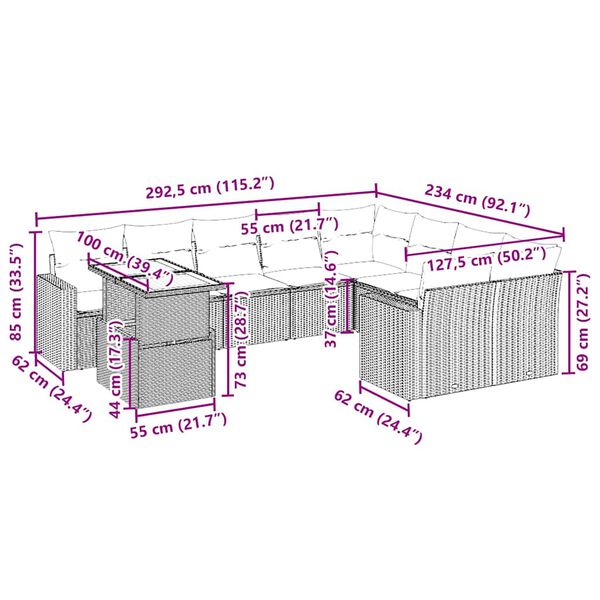 vidaXL Salon de jardin avec coussins 10 pcs beige résine tressée