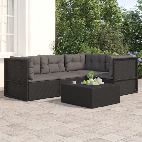 vidaXL Salon de jardin 4 pcs avec coussins Noir R&eacute;sine tress&eacute;e