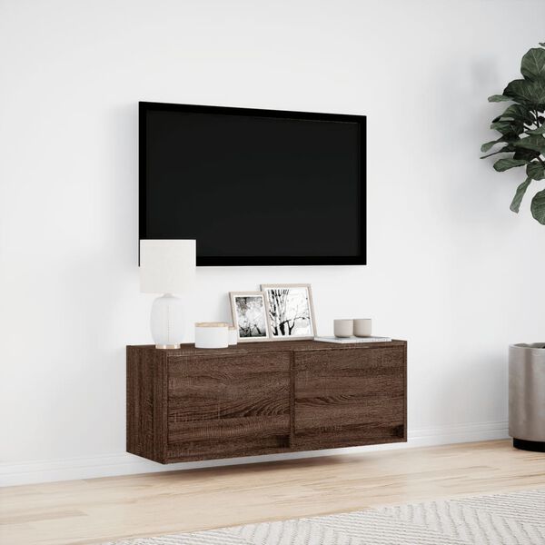 vidaXL Meuble TV mural avec lumi&egrave;res LED ch&ecirc;ne marron 100x31x35 cm