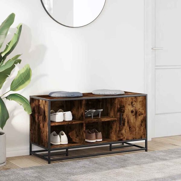 vidaXL Banc &agrave; chaussures ch&ecirc;ne fum&eacute; bois d'ing&eacute;nierie et m&eacute;tal