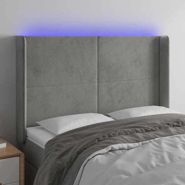 vidaXL T&ecirc;te de lit &agrave; LED Gris clair 147x16x118/128 cm Velours