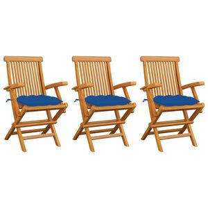 vidaXL Chaises pliantes avec coussins bleus, 3 pi&egrave;ces, en teck massif