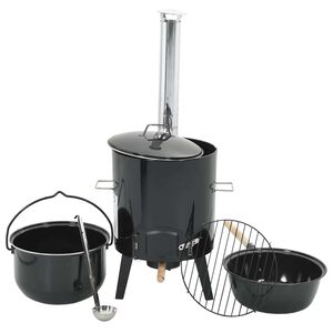 vidaXL Canon &agrave; goulasch avec chemin&eacute;e et couvercle noir acier &eacute;maill&eacute;
