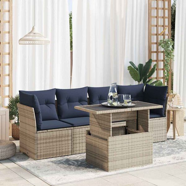 vidaXL Salon de jardin 5 pcs avec coussins gris r&eacute;sine tress&eacute;e acacia