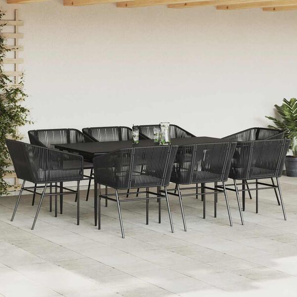 vidaXL Ensemble &agrave; manger de jardin coussins 9pcs noir poly rotin verre