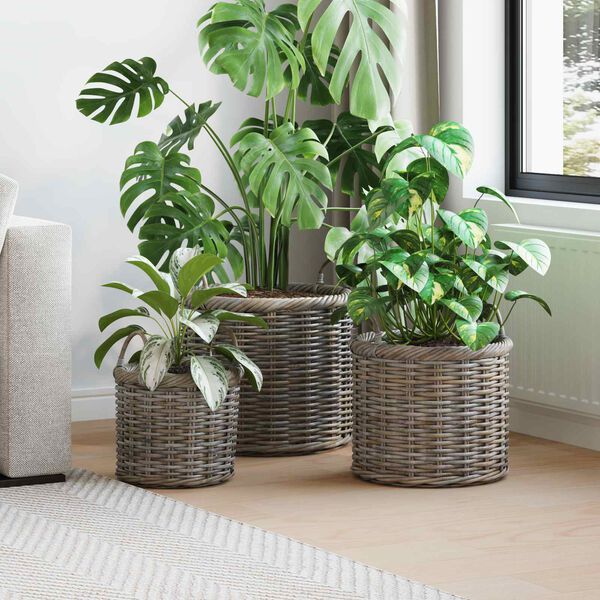 vidaXL Panier &agrave; plantes avec stockage 3 pcs Gris Rattan Kubu