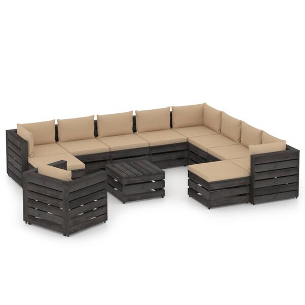 vidaXL Salon de jardin 12 pcs avec coussins gris bois impr&eacute;gn&eacute;